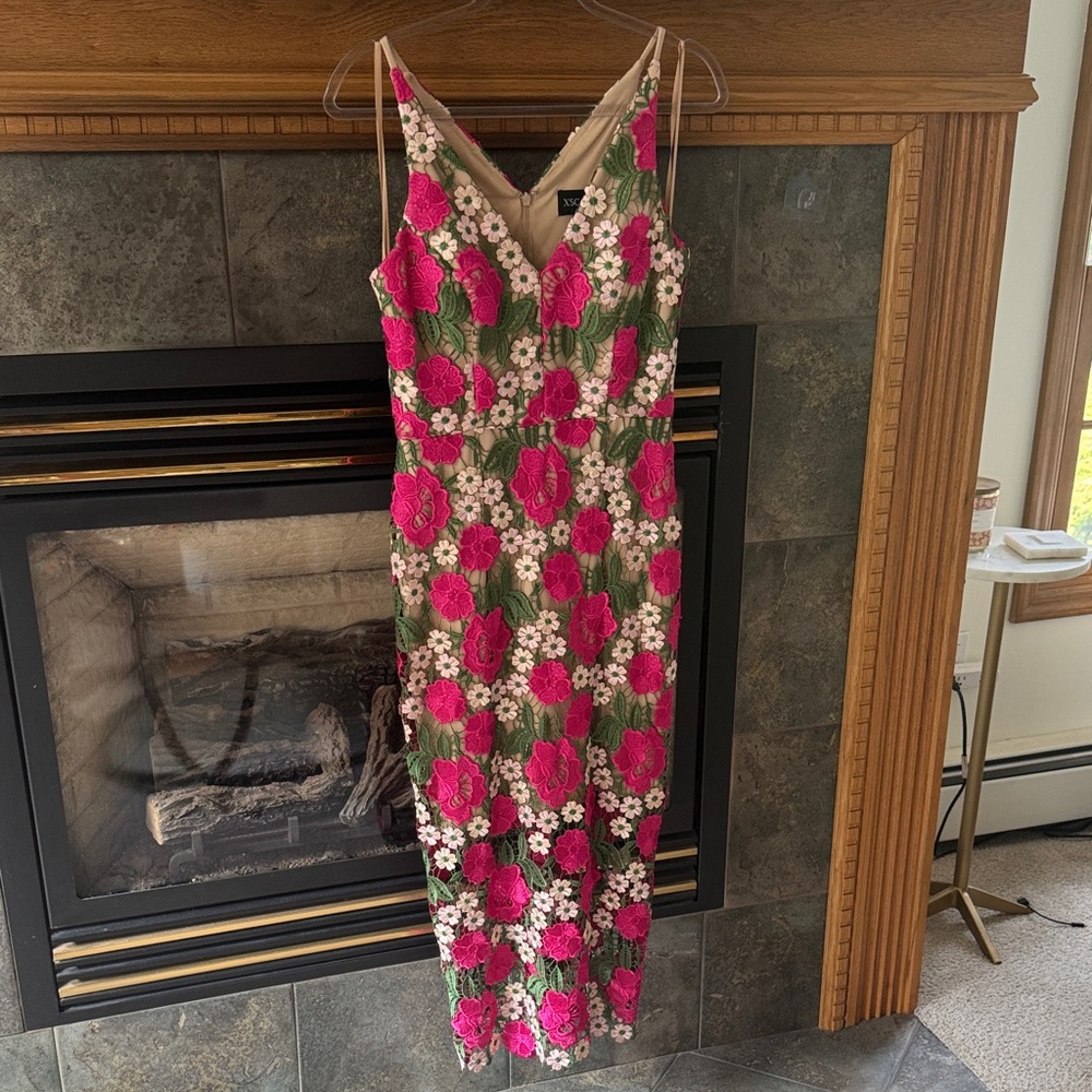 Xscape Pink and Green Floral Midi Dress